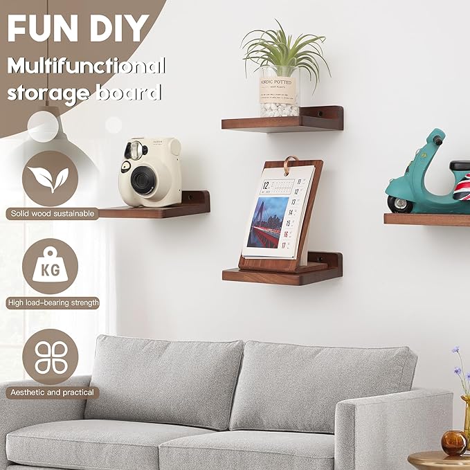 Small Floating Shelf, 5x6 Inch Display Ledges for Wall,Mini Shelves,Rustic Wood Shelf for Bedroom Living Room Bathroom Kitchen (6, Light Walnut)