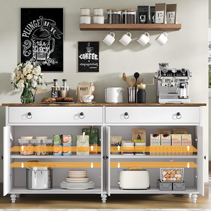 4 EVER WINNER 55" Large Buffet Cabinet with Storage, mid-Century Modern Coffee Bar Cabinet with 2 Drawers, 4 Doors & Adjustable Shelves, White Sideboard for Kitchen, Dining Room