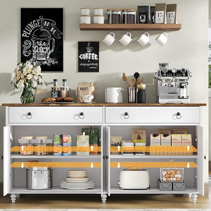 4 EVER WINNER 55" Large Buffet Cabinet with Storage, mid-Century Modern Coffee Bar Cabinet with 2 Drawers, 4 Doors & Adjustable Shelves, White Sideboard for Kitchen, Dining Room