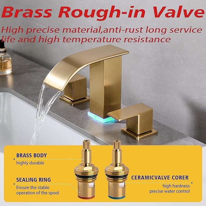 Brushed Gold Bathroom Faucet 3 Hole Widespread Waterfall Vanity Faucet for Bathroom Sink, Modern Touch on Two Handle Gold Faucet (Brushed Gold)