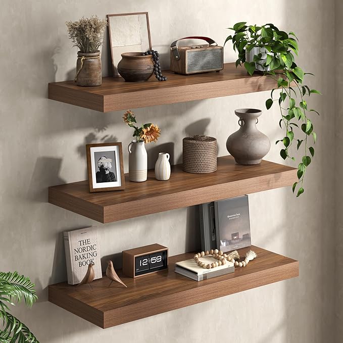 40Inch Walnut Floating Shelves for Wall, 12 Inch Deep Shelves for Bedroom, Kitchen, Bathroom Wall Mounted, Rustic Wood Floating Shelf with Invisible Brackets for Books, Storage, Decor, 2 Packs