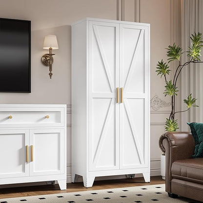 LCAOPC 71" Tall Metal Storage Cabinet with 2 Doors and 4 Adjustable Shelves, 5-Tier Kitchen Pantry Storage Cabinet for Kitchen, Living Room, Dining Room and Office, White