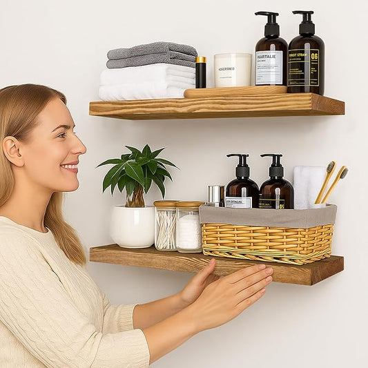 BGMG Wood Floating Shelves for Wall 30 inch Set of 2, Rustic Wooden Wall Mount Shelves for Living Room Bedroom Kitchen Farmhouse 2-30x6.7x1.25 inch- Gold Oak
