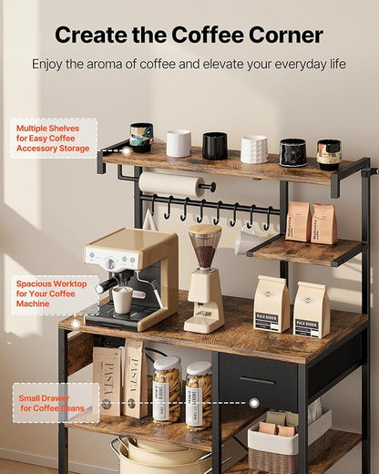 VEVOR Kitchen Bakers Rack with Power Outlets, 31.5 x 15.7 x 55.1 Inch Microwave Stand with Built-in Power Strip & 4.6 Ft Cord, 8 S-Shaped Hooks, for Dish Storage, Spice Jars, Coffee Bar Organization