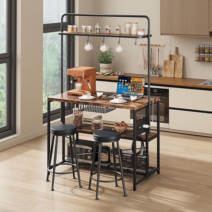 Garvee Kitchen Island with Power Outlet & 2 Bar Stools, Industrial Bakers Rack with 3-Tier Shelves & 5 Hooks, Microwave Stand Coffee Bar Table for Dining Room, Living Room, Apartment
