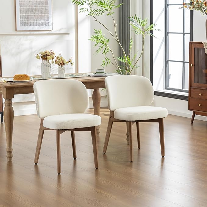 YOUNIKE Dining Chair with High Back Set of 4 Mid Century Modern Kitchen Chair Boucle Fabric Upholstered Armless Chair 20" Wide Padded Seat with Wooden Leg for Kitchen Dining Living Room Bedroom Beige