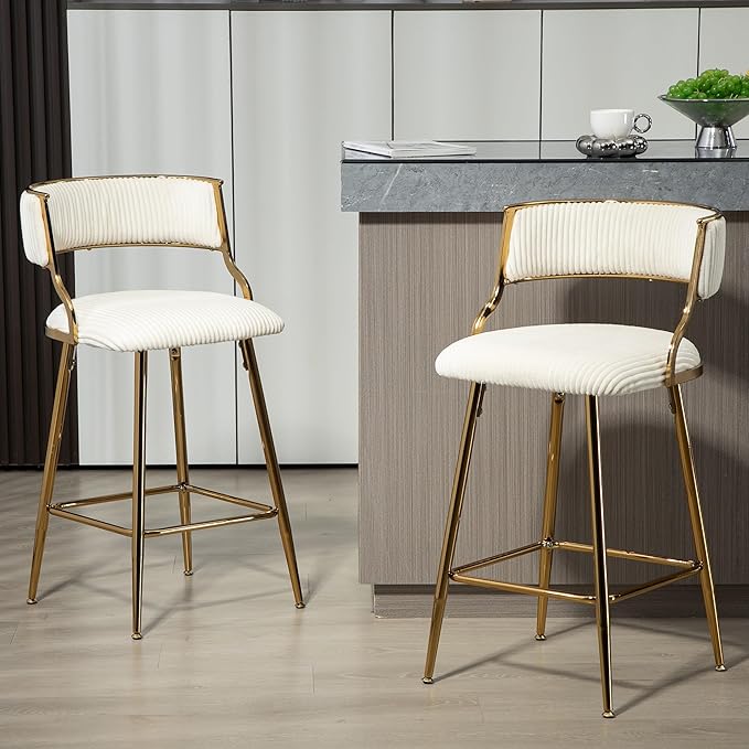 (Set of 2) 26'' Counter heightstools Corduroy Kitchen Island Counter Stool with Back,Golden Chromed Base and footrest,for Living Room