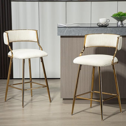 (Set of 2) 26'' Counter heightstools Corduroy Kitchen Island Counter Stool with Back,Golden Chromed Base and footrest,for Living Room