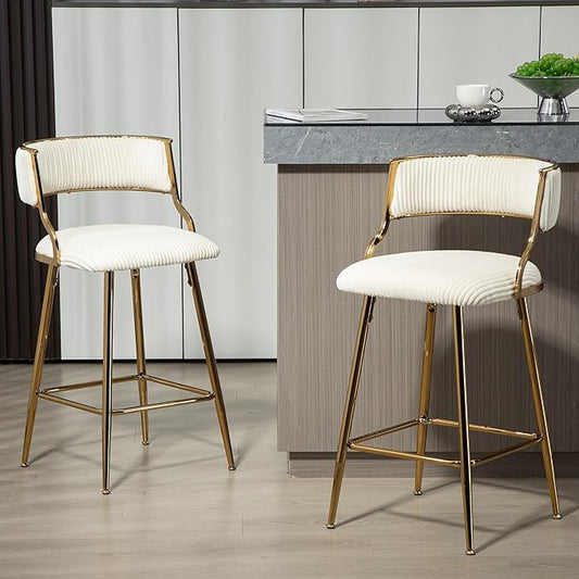 (Set of 2) 26'' Counter heightstools Corduroy Kitchen Island Counter Stool with Back,Golden Chromed Base and footrest,for Living Room