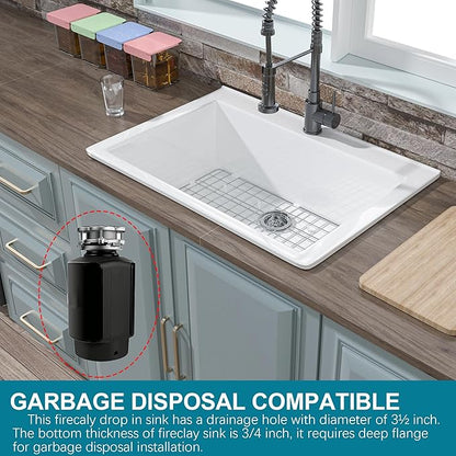 30x22 Drop In Kitchen Sink White 1 Hole, 30 Inch Topmount Fireclay Sink Drop In Single Bowl, Heavy Duty Large Capacity Deep Basin, w 2 Accessories, Pure White, for Kitchen, Laundry