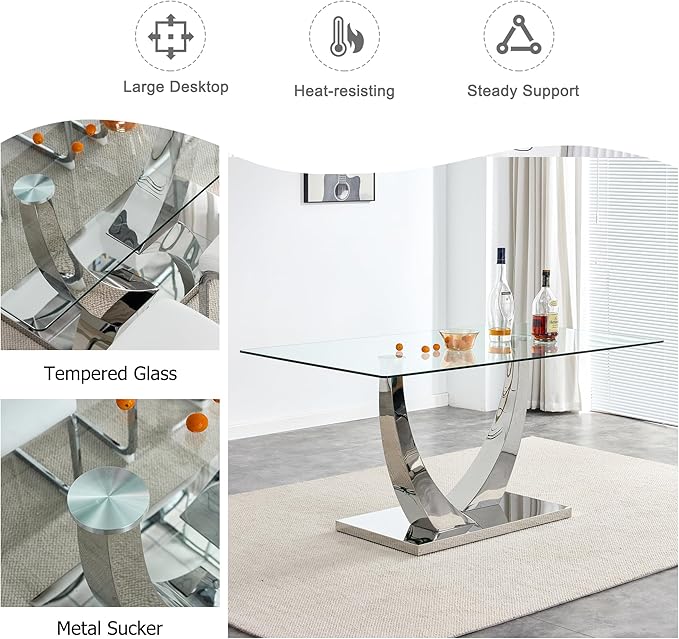 71” Glass Dining Table for 6-8, Modern Dining Room Table with 0.4” Thick Tempered Glass Top, Sturdy Silver Kitchen Table with Metal U-Shaped Legs for Kitchen Dining Room