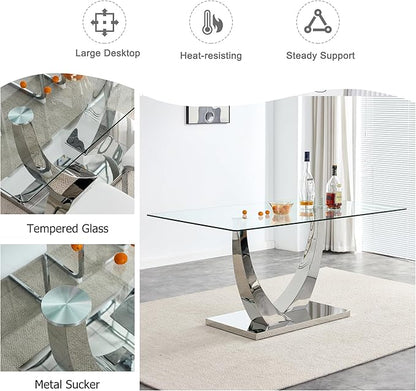 71” Glass Dining Table for 6-8, Modern Dining Room Table with 0.4” Thick Tempered Glass Top, Sturdy Silver Kitchen Table with Metal U-Shaped Legs for Kitchen Dining Room