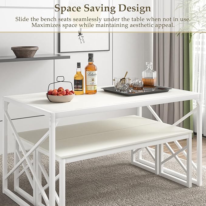 VECELO Kitchen Dining Table Benches Set for 4/6, 55" Wooden Dinette with 2 Benches, Large Embedded Desktop for Small Space, Breakfast Nook, White
