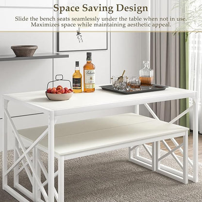 VECELO Kitchen Dining Table Benches Set for 4/6, 55" Wooden Dinette with 2 Benches, Large Embedded Desktop for Small Space, Breakfast Nook, White