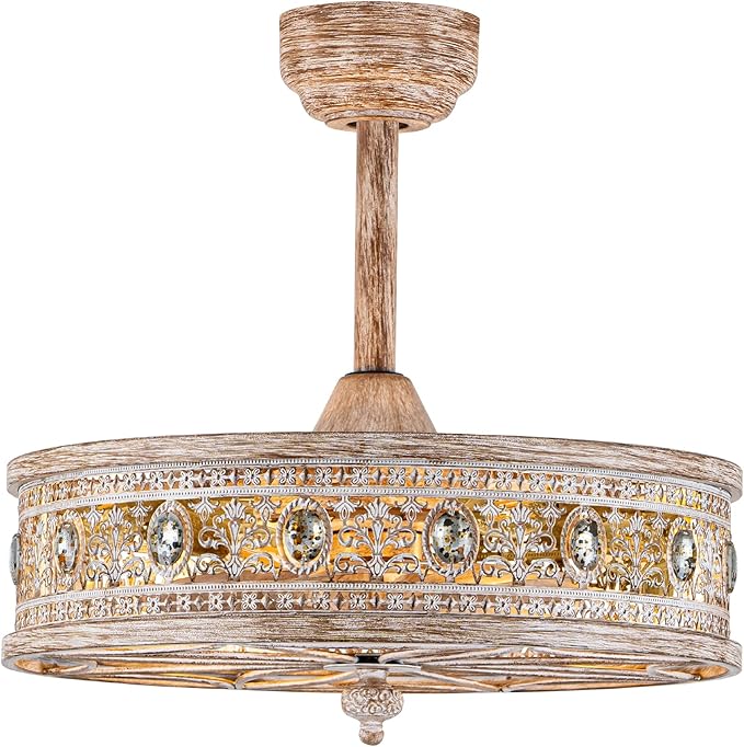 Farmhouse Chandelier Ceiling Fan with Light,Rustic Distressed Wood-Look Caged Bladeless Fandelier,Country Cottage Crystal Drum Light Fixture,Hanging/Flush Mount for Bedroom,Dining Room,Kitchen Island