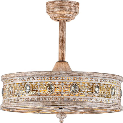 Farmhouse Chandelier Ceiling Fan with Light,Rustic Distressed Wood-Look Caged Bladeless Fandelier,Country Cottage Crystal Drum Light Fixture,Hanging/Flush Mount for Bedroom,Dining Room,Kitchen Island