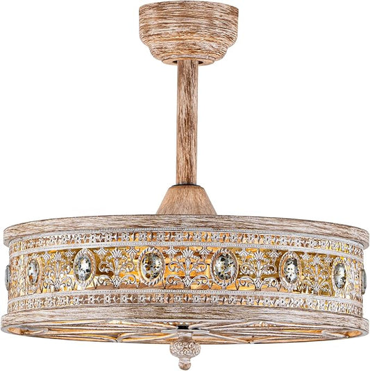 Farmhouse Chandelier Ceiling Fan with Light,Rustic Distressed Wood-Look Caged Bladeless Fandelier,Country Cottage Crystal Drum Light Fixture,Hanging/Flush Mount for Bedroom,Dining Room,Kitchen Island