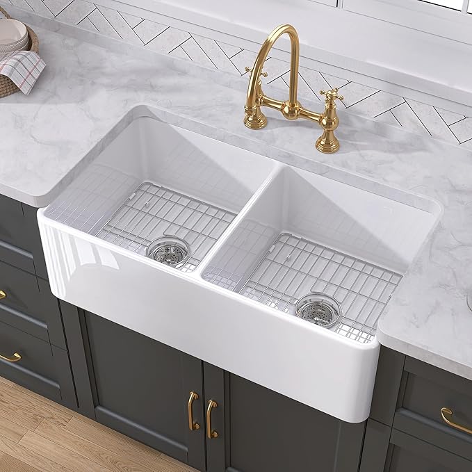 TUKTUK Farmhouse Sink 33 x 18 Inch 50/50 Fireclay Apron Front Farm House White Kitchen Sink Double Bowl Undermount Reversible Heavy Duty Porcelain Kitchen Basin with Modern Accessory Kit