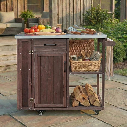 JIJIWANG 35.6" Outdoor Kitchen Island with Stainless Steel Top and Towel and Spice Racks, Rolling Kitchen Island with Storage for Small Spaces Patio Dark Brown
