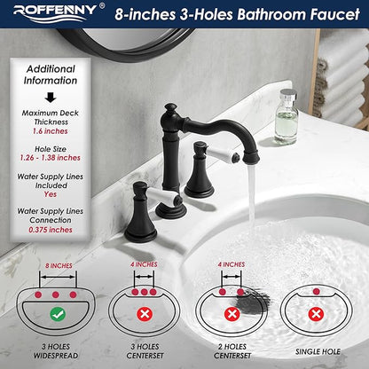Porcelain 2-Handle Bathroom Faucet Matte Black 8 inch Widespread with Plastic Pop-Up Drain & 2Pcs Water Supply Lines, Classical 3-Hole Vanity Sink Faucets, High Arc 360° Swivel Brass Spout