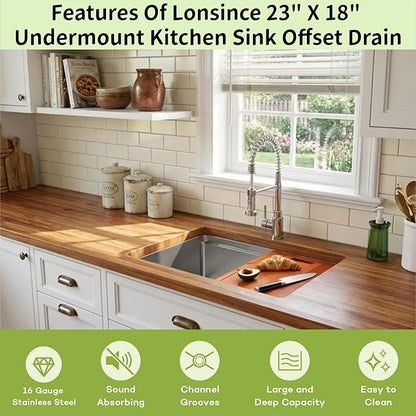 Undermount Kitchen Sink 23 inch,16 gauge Stainless Steel Workstation Sink,Deep and Large Single Bowl Kitchen Sinks Offset Drain (23" X 18")