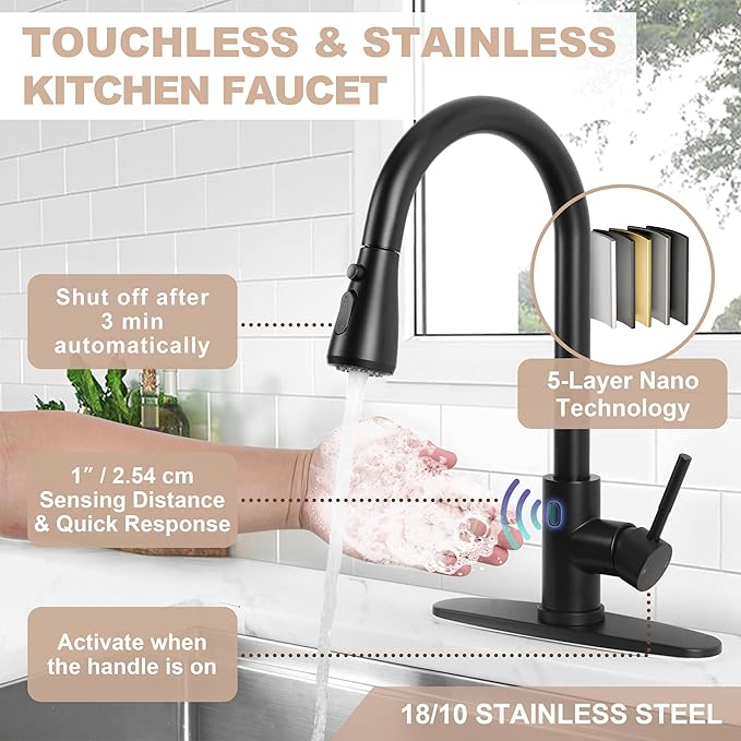 Touchless Kitchen Sink Faucet with Pull Down Sprayer, Herogo Matte Black Stainless Steel Motion Sensor Faucet with Soap Dispenser, Single Handle Smart Activated Kitchen Tap for Farmhouse RV Sink