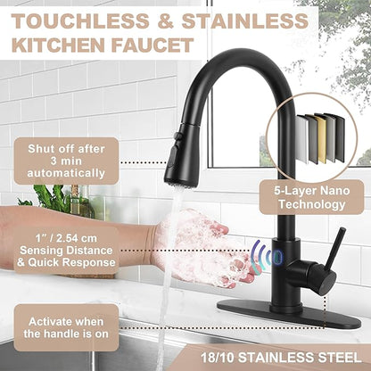 Touchless Kitchen Sink Faucet with Pull Down Sprayer, Herogo Matte Black Stainless Steel Motion Sensor Faucet with Soap Dispenser, Single Handle Smart Activated Kitchen Tap for Farmhouse RV Sink
