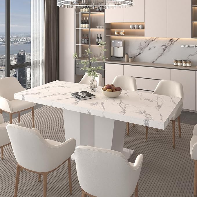 63" - 79" Extendable Dining Room Table, Expandable Kitchen Table for 6 to 10 People, Modern Wood Conference Table, Large Dining Table(Faux White Marble, Pedestal Base B)