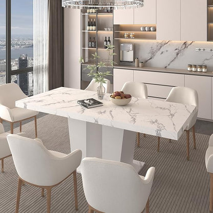 63" - 79" Extendable Dining Room Table, Expandable Kitchen Table for 6 to 10 People, Modern Wood Conference Table, Large Dining Table(Faux White Marble, Pedestal Base B)