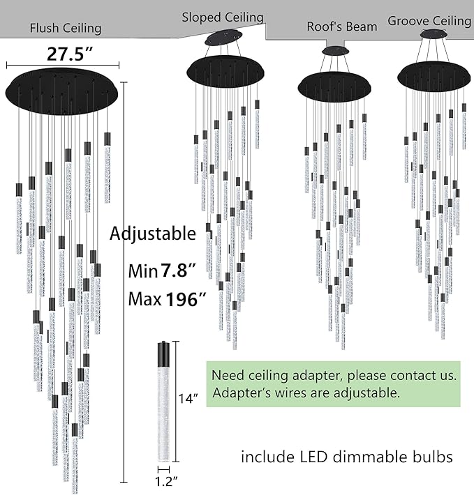 HAIXIANG 16 Foot Chandeliers for Living Room Entryway High Ceiling Light Fixtures Sloped Flush Mount Ceiling Pendant Lighting Dimmable Chandelier with Remote LED Crystal Pendants Lighting Black Light