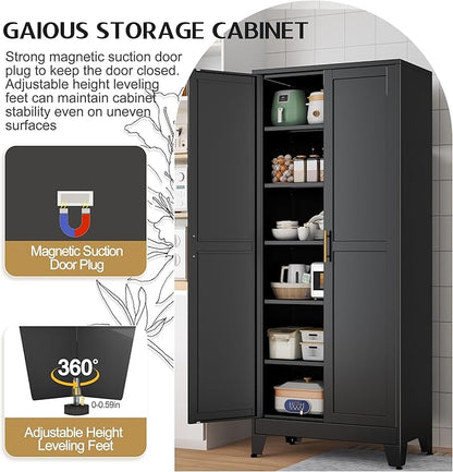 GAIOUS 75.2" Tall Storage Cabinet, Pantry Storage Cabinets with 2 Door and 5 Adjustable Shelves, Black Kitchen Food Cabinet, Metal Utility Cabinets for Kitchen, Dinning Room, Laundry Room