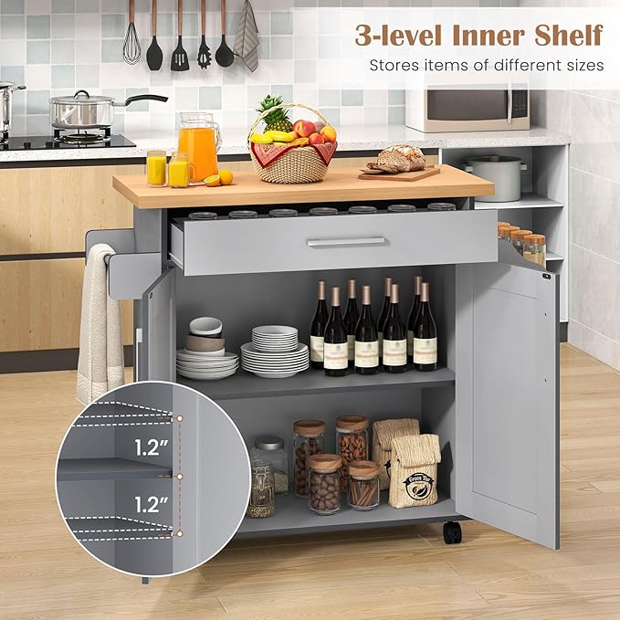 Giantex Kitchen Island, Rolling Kitchen Cart with Spice and Towel Rack, Large Drawer & 2-Door Storage Cabinet, Home Service Cart on Lockable Wheels, Wood Kitchen Trolley, Spacious Tabletop (Gray)