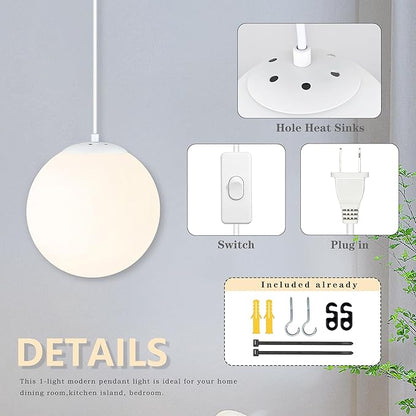KoKo&Yukina 10" Globe Pendant Light White Plug in Pendant Light Adjustable Hanging Lights with Plug in Cord Matte White Finished with Milk Glass Lampshade for Bedroom Kitchen Island (Bulb Included)