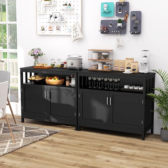 HAPPYGRILL Kitchen Buffet with Storage, Wooden Sideboard Storage Cupboard w/5-Position Adjustable Shelf, 2 Door and Large Tabletop, Buffet Server Cabinet Console Table for Entryway Dinging Room, Black