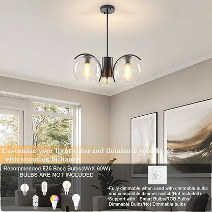 3-Light Black Chandelier with Downward Arched Arms, Modern Farmhouse Pendant Light Fixture with Clear Glass Globe Shades, Ceiling Lighting for Dining Room, Bedroom and Foyer