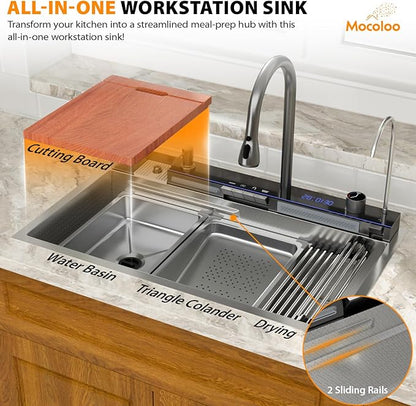 Mocoloo 33 Inch Honeycomb Waterfall Kitchen Sink Drop in, 33x19 Inch Stainless Steel Workstation Sink 16 Gauge Topmount Single Bowl Sink with Complete Kit