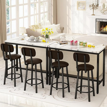 Lamerge Faux Marble Pub Height Table with 2 PU Upholstered Stools,3-Piece Kitchen Table and Chairs,Suit for Dining Room & Living Room & Breakfast Nook,Space Saving Set for 2,White & Brown,39.3"
