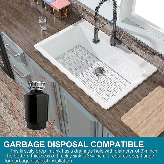 33x22 Drop In Kitchen Sink White 1 Hole, 33 Inch Topmount Fireclay Sink Drop In Single Bowl, Heavy Duty Large Capacity Deep Basin, w 2 Custom Accessories, Pure White, for Kitchen