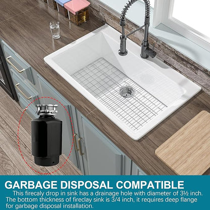 33x22 Drop In Kitchen Sink White 1 Hole, 33 Inch Topmount Fireclay Sink Drop In Single Bowl, Heavy Duty Large Capacity Deep Basin, w 2 Custom Accessories, Pure White, for Kitchen