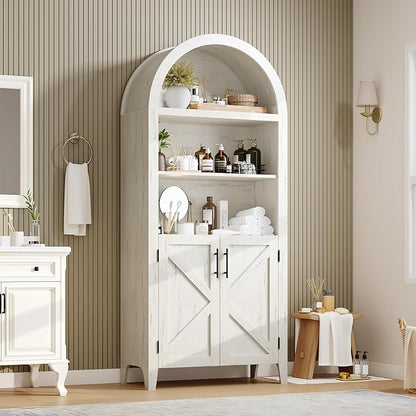 IDEALHOUSE Arched Kitchen Pantry Cabinet with Doors - 5-Tier Open Display Shelf with Nice Texture, Farmhouse Storage Cabinet for Kitchen, Dining Room, Living Room, White