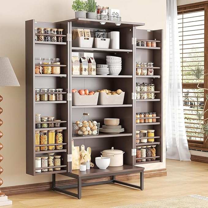kepptory 51” Kitchen Pantry Storage Cabinet, White Freestanding Pantry Cabinets with Doors and Adjustable Shelves, Buffet Cupboards Storage Cabinet for Home Office Use, Dinning Room(Brown)