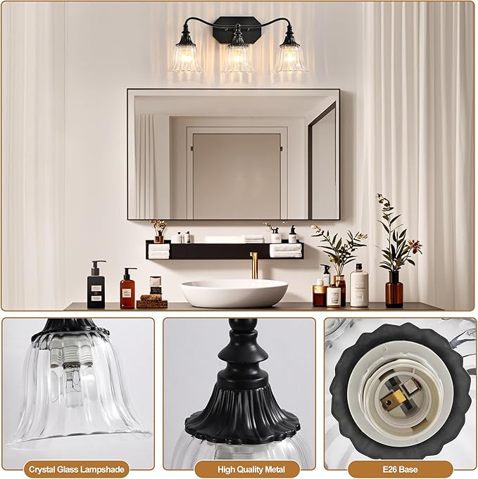 LmnLvn Bathroom Vanity Black Vintage Light Fixture, 3 Lights Bathroom Lighting Matte Antique Brass Finish with Crystal Glass Shade, Black Vintage Vanity Light for Bathrooms