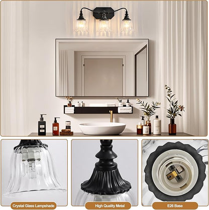 LmnLvn Bathroom Vanity Black Vintage Light Fixture, 3 Lights Bathroom Lighting Matte Antique Brass Finish with Crystal Glass Shade, Black Vintage Vanity Light for Bathrooms