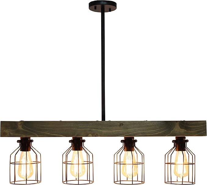 Elegant Designs CH1001-RWD 4 Light Rustic Farmhouse Industrial Wired Cage Pendant Island Light Chandelier, Restored Wood
