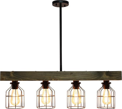 Elegant Designs CH1001-RWD 4 Light Rustic Farmhouse Industrial Wired Cage Pendant Island Light Chandelier, Restored Wood