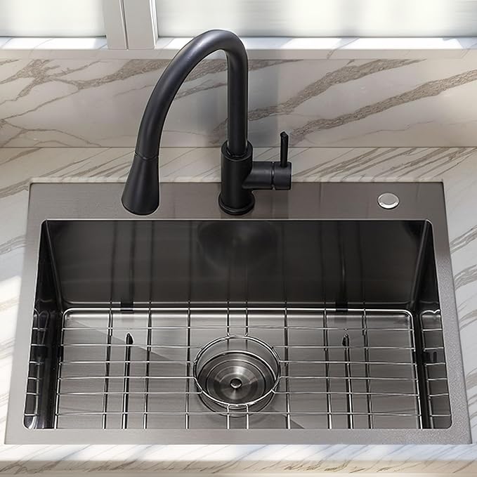 24x18 Gunmetal Black Small Kitchen Sink, Drop In 16 Gauge Stainless Steel Single Bowl Sinks, Topmount Wet Bar RV Prep Utility Sink with Drain