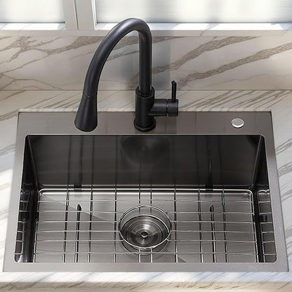 24x18 Gunmetal Black Small Kitchen Sink, Drop In 16 Gauge Stainless Steel Single Bowl Sinks, Topmount Wet Bar RV Prep Utility Sink with Drain
