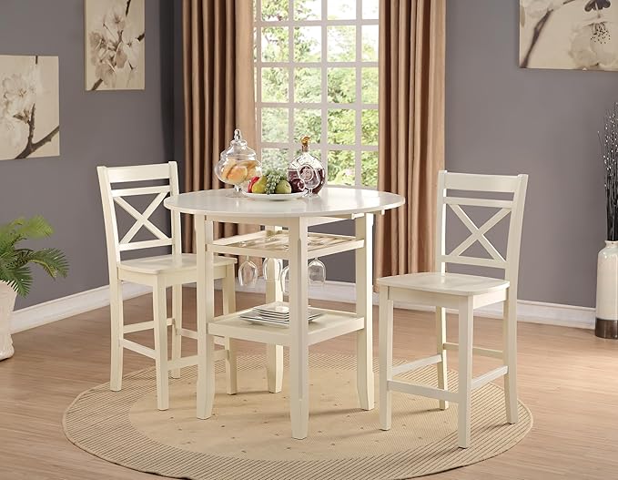 Round Drop Leaf Counter Height Table with Stemware Storage - Cream, 2 Shelves - for Kitchen Islands, Dining Rooms, Small Spaces(Only Include One Table)