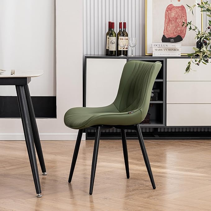 Kidol & Shellder Dining Chairs Set of 2, Mid Century Modern Kitchen Chairs with Black Metel Legs, PU Leather Upholstered Side Chair for Dining Room, Living Room, Lounge, Restaurant, Bean Green