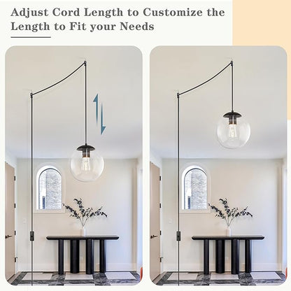 KoKo&Yukina 10" Globe Pendant Light Black Plug in Pendant Light Adjustable Hanging Lights with Plug in Cord Matte Black Finished with Clear Glass Lampshade for Bedroom Kitchen Island（Bulb Included）